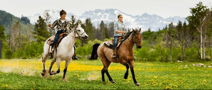 Confident plus-size woman riding Billericay a horse through a field with a smile on her face.